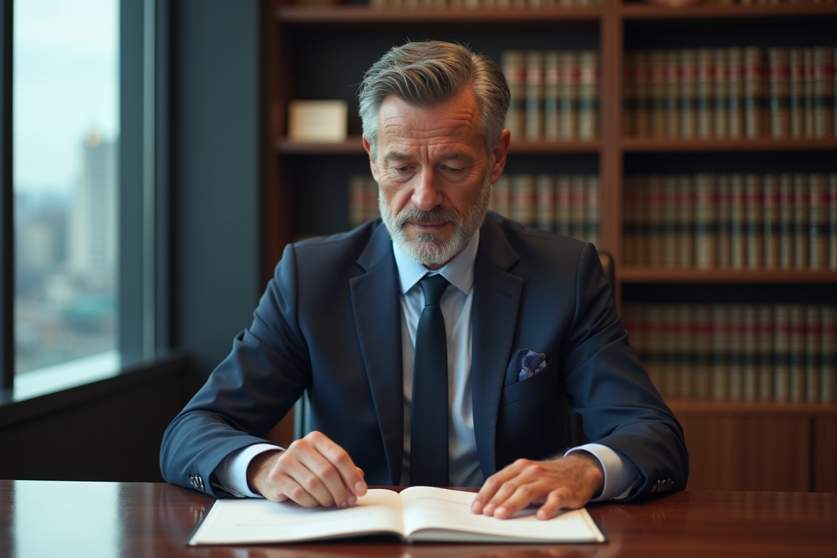Avocat en costume bleu assis à son bureau avec dossier