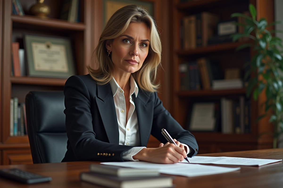 Avocate examinant un contrat dans son bureau organisé