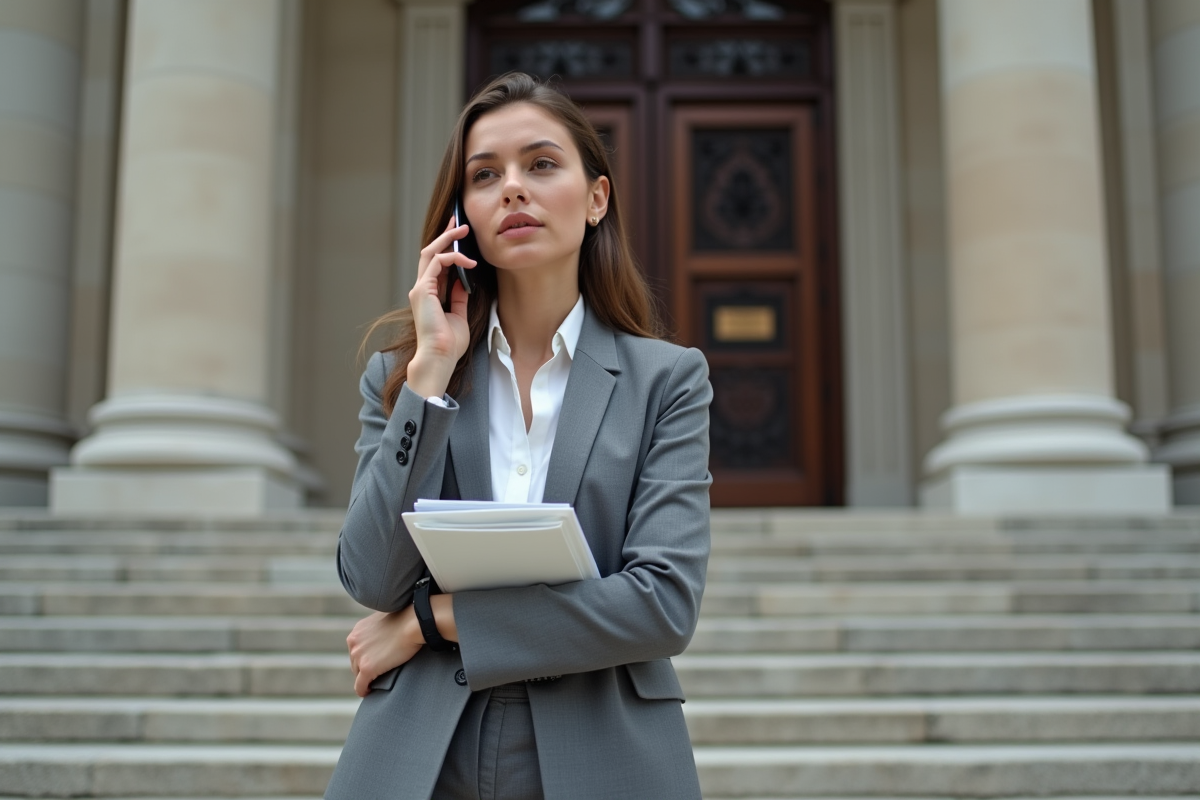 Jeune avocate parlant au téléphone devant un tribunal