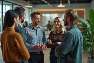 Groupe de collègues en discussion dans un open space