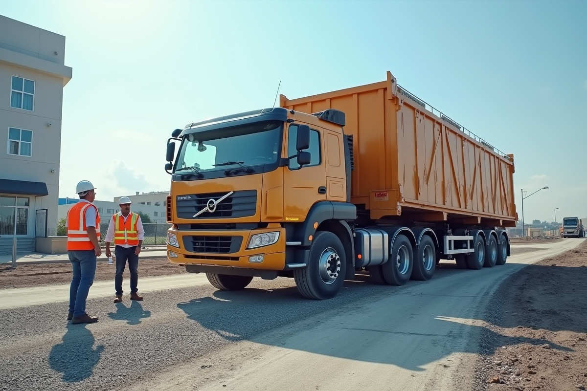 Camion à plateau mobile déchargeant matériaux de construction sur un chantier