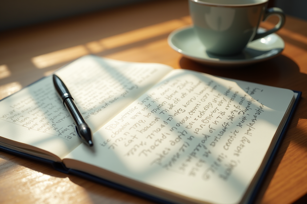 Carnet ouvert avec notes et stylo sur bureau en bois