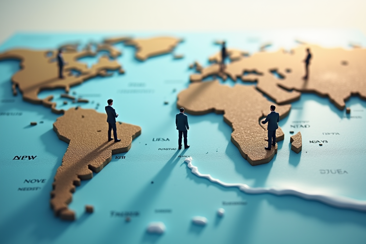 Miniatures de personnes sur une carte du monde tentant de construire des ponts entre continents