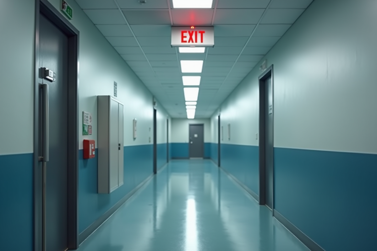 Couloir lumineux avec sortie de secours et équipements de sécurité