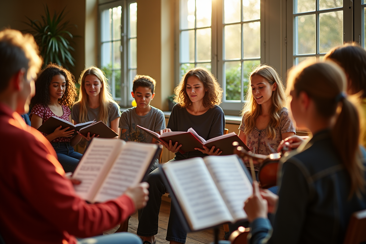 Groupe d élèves en cours de musique dans un conservatoire ensoleille