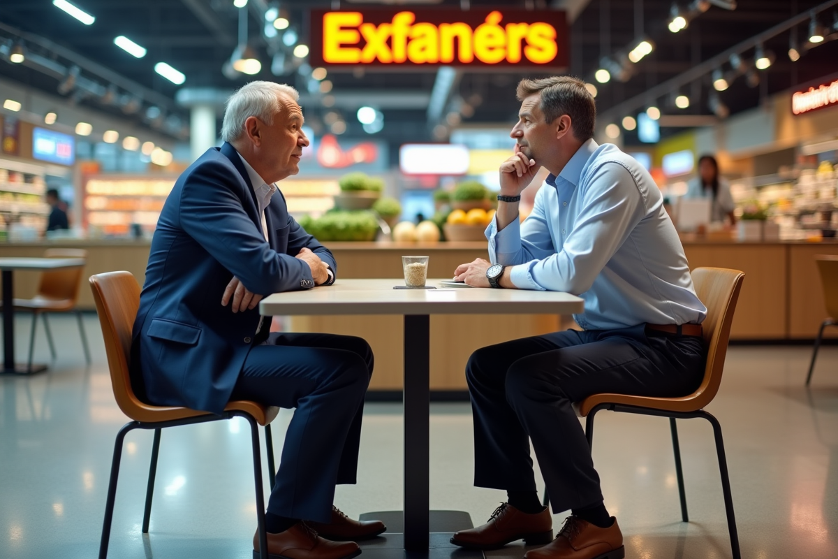 Deux hommes discutant dans une cafeteria du supermarche