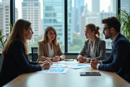 Groupe de professionnels discutant de graphiques analytiques en réunion