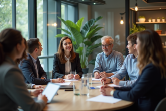 Groupe de collègues en réunion brainstorming dans un bureau moderne