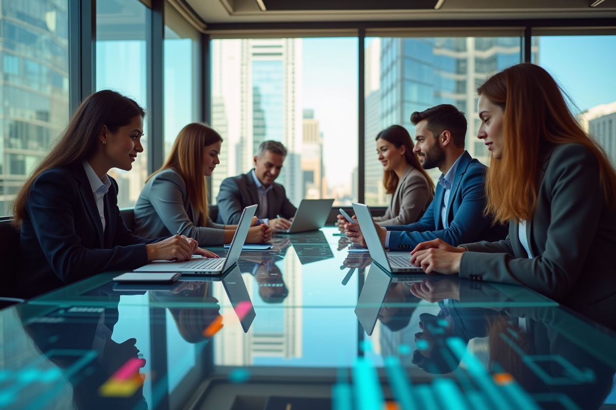 Equipe diverse analysant des données marketing dans un bureau lumineux