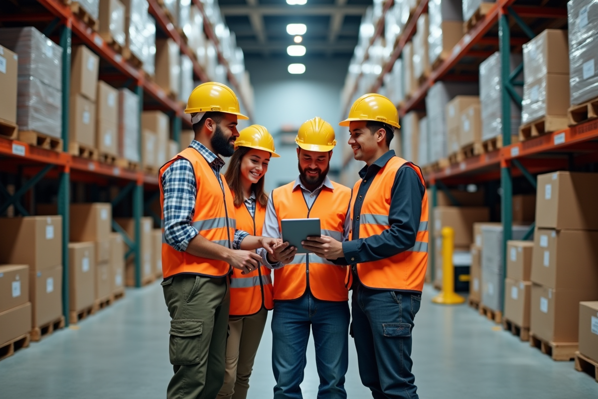 Groupe de travailleurs d'entrepot collaborant autour d'une tablette