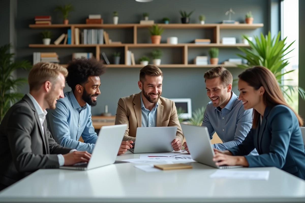Groupe de professionnels en réunion dans un bureau lumineux