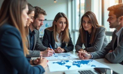 Groupe de jeunes professionnels en réunion stratégie export
