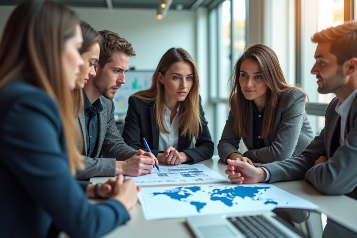 Groupe de jeunes professionnels en réunion stratégie export