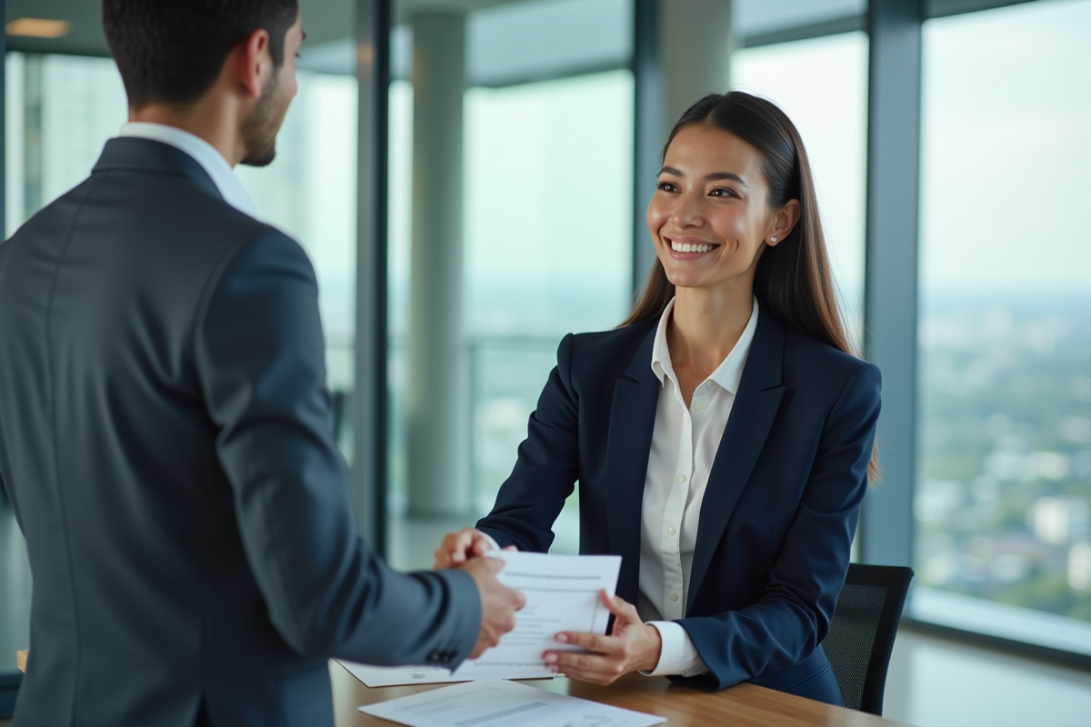 Femme d'affaires souriante échange un document en réunion