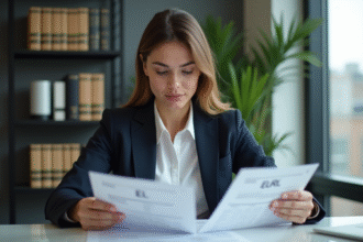 Jeune femme d'affaires examine des documents juridiques