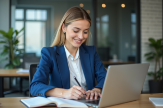 Jeune femme d'affaires utilisant les réseaux sociaux au bureau