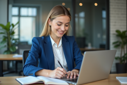 Jeune femme d'affaires utilisant les réseaux sociaux au bureau