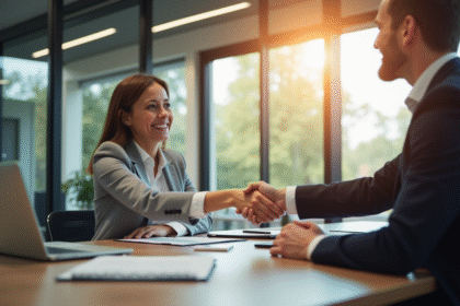 Femme d'affaires souriante serrant la main d'un client dans un bureau lumineux
