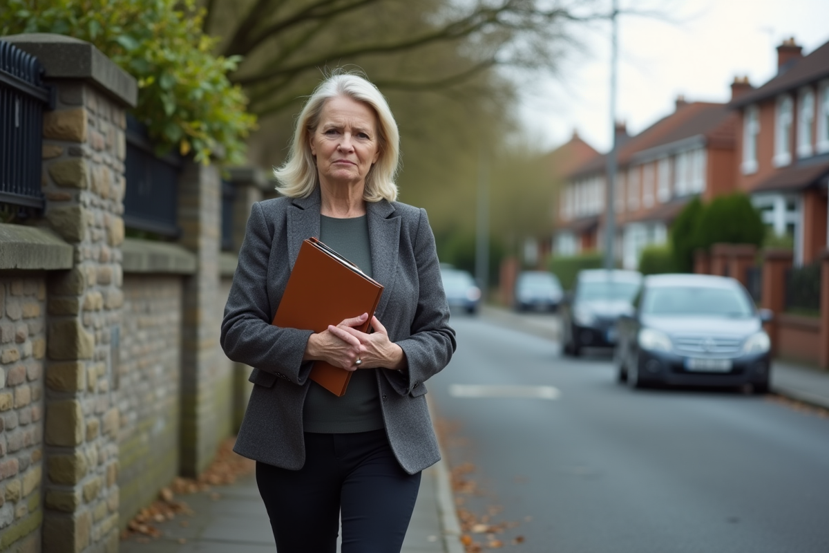 Femme en tenue professionnelle marchant dans une rue résidentielle