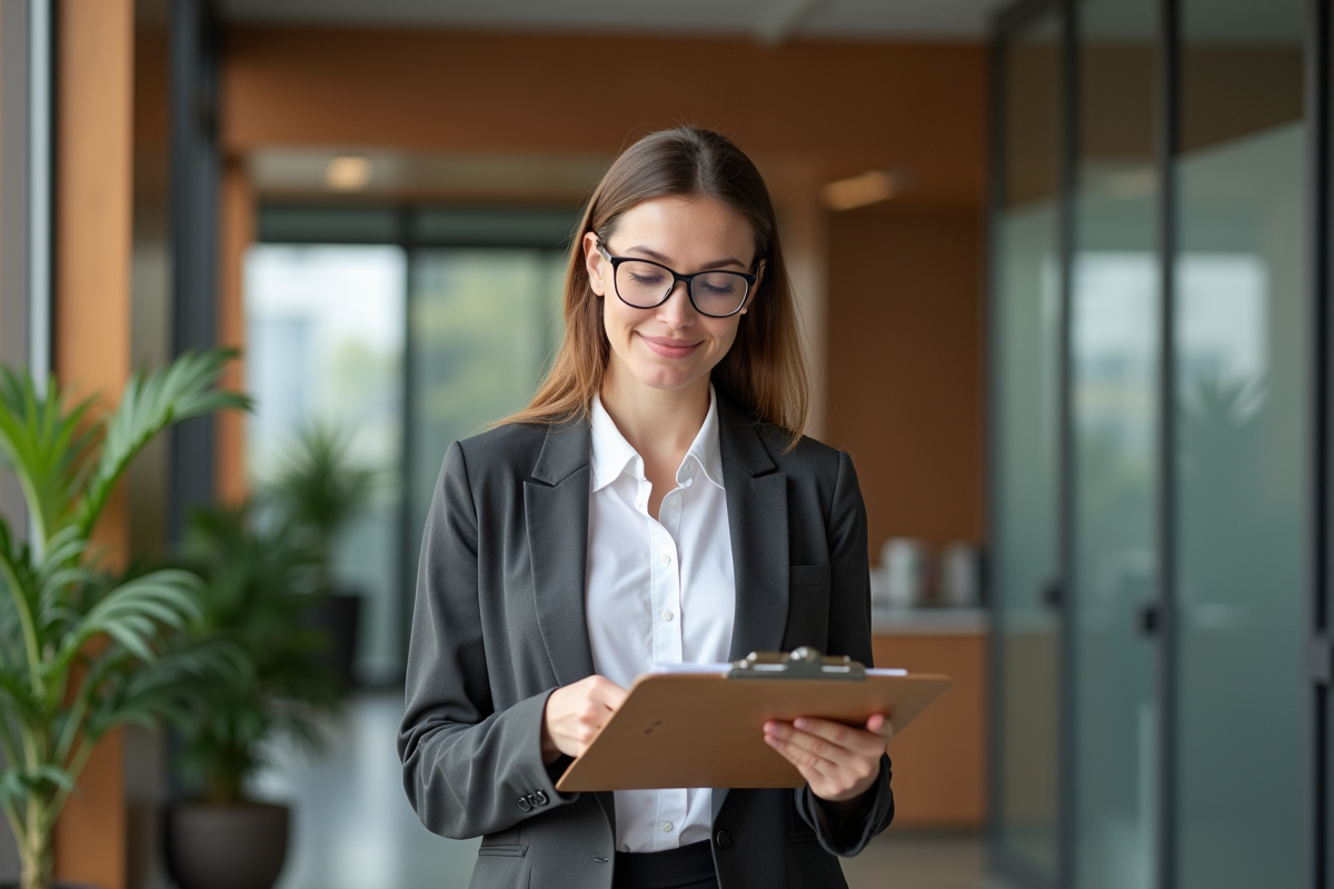Femme d'affaires en intérieur moderne avec un clipbord