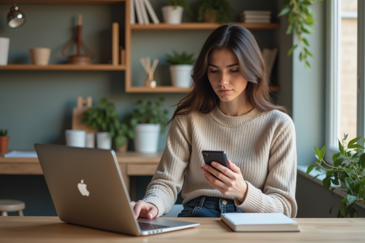 Femme détendue travaillant sur son smartphone dans un bureau moderne