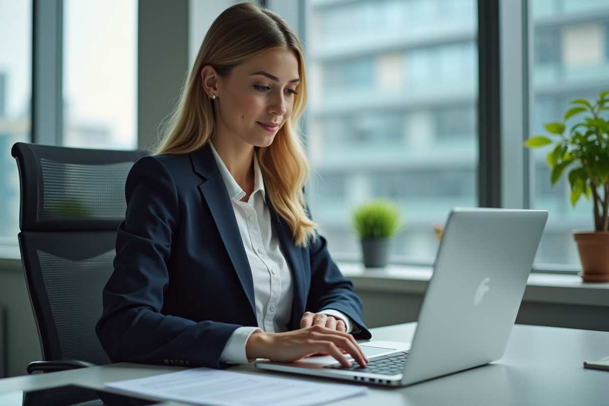 Femme d'affaires concentrée travaillant sur son ordinateur au bureau