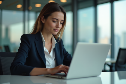 Femme professionnelle vérifiant ses avis en ligne au bureau