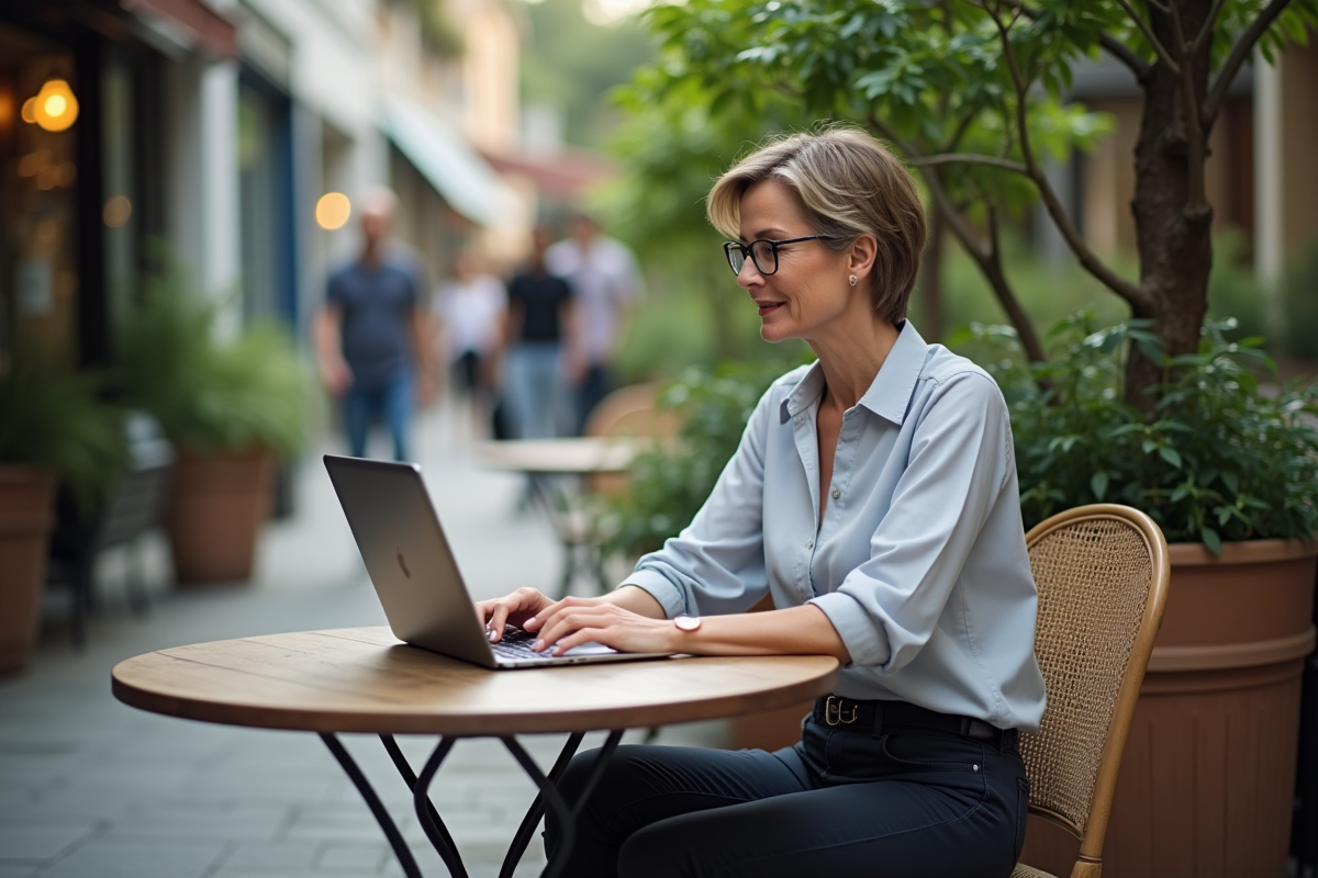 Femme d affaires travaillant sur son ordinateur dans un café urbain