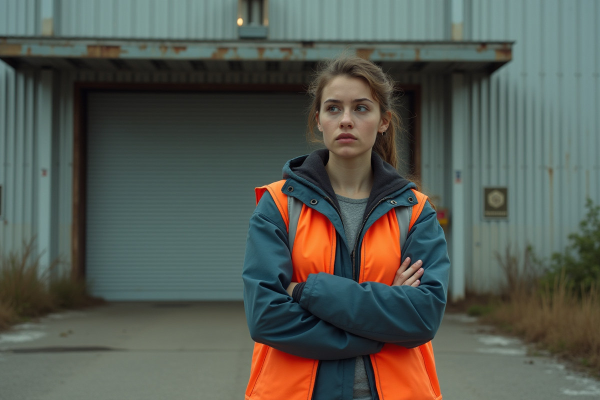 Jeune femme devant un bâtiment industriel abandonné