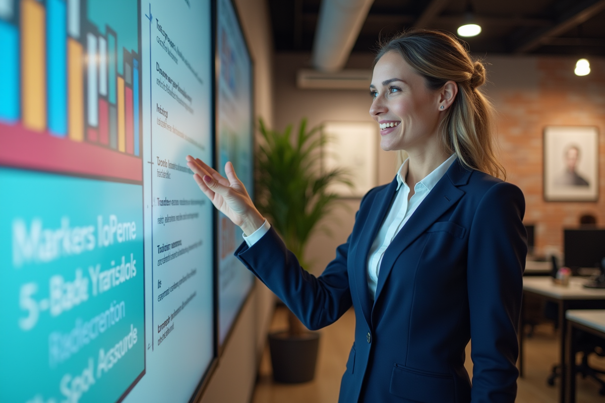 Femme confiante expliquant un graphique marketing dans une agence