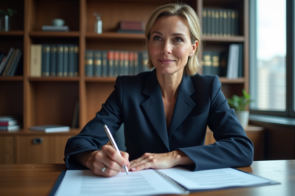 Femme d'affaires en costume navy dans un bureau moderne