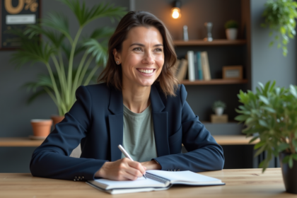 Femme entrepreneure souriante dans son bureau moderne