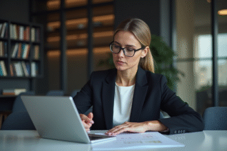 Femme réfléchissant sur l'éthique de l'IA dans un bureau moderne