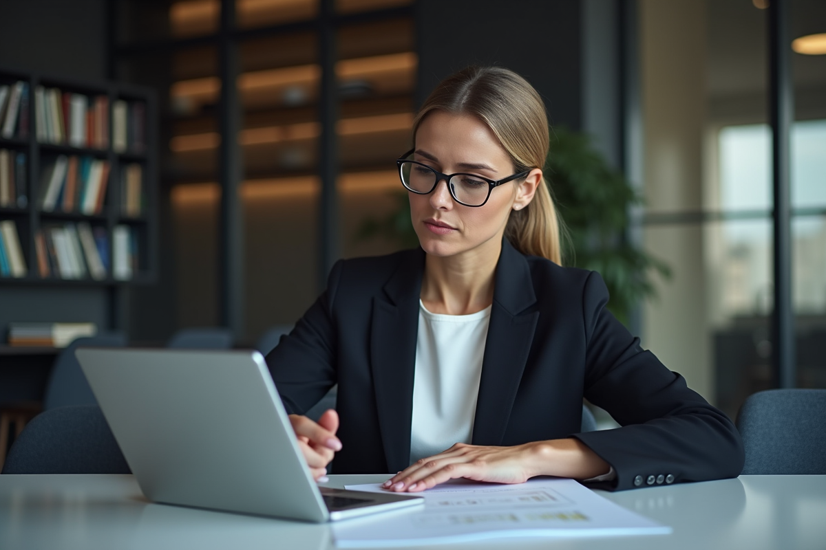 Femme réfléchissant sur l'éthique de l'IA dans un bureau moderne
