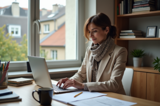 Femme française d'âge moyen travaillant sur ses impôts à domicile