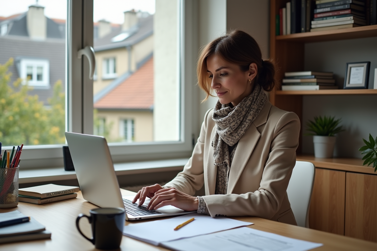 Femme française d'âge moyen travaillant sur ses impôts à domicile