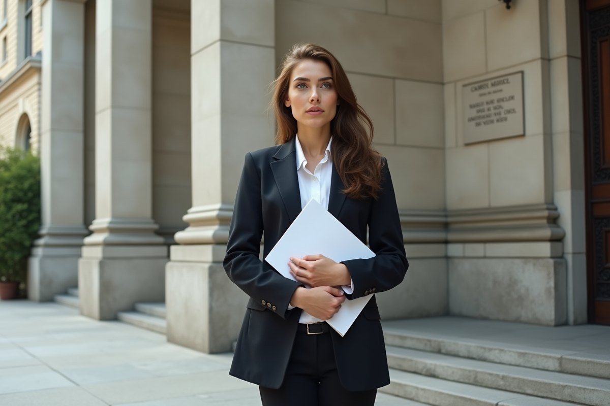 Jeune femme en costume devant un palais de justice