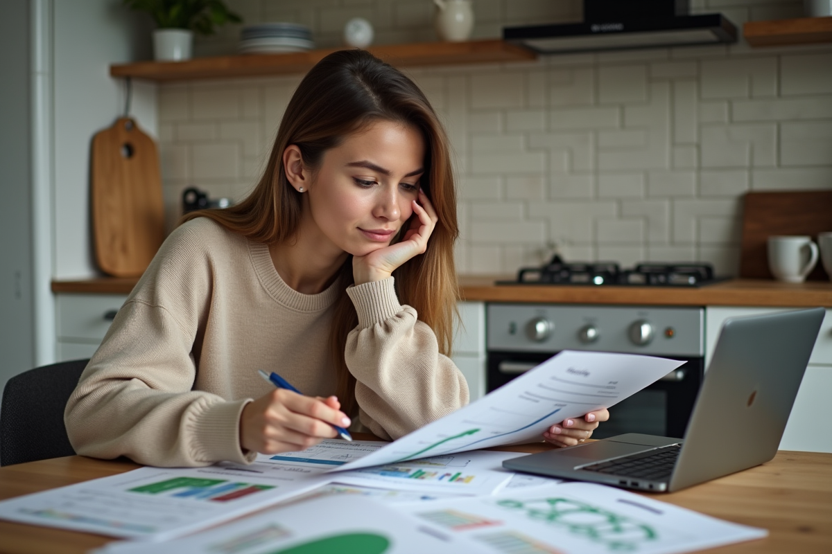 Jeune femme examinant des graphiques Excel dans une cuisine chaleureuse