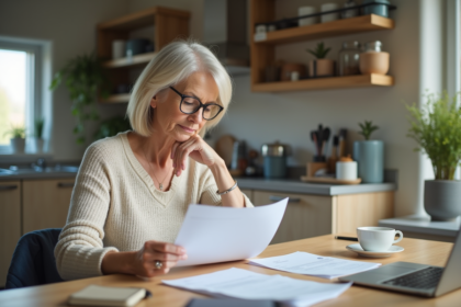 Femme d'âge moyen lisant des documents dans sa cuisine lumineuse