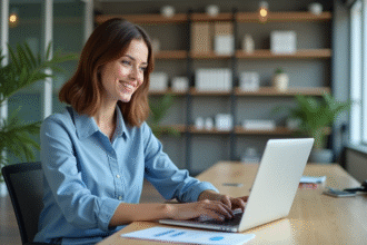 Femme professionnelle souriante au bureau moderne