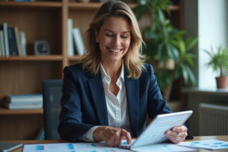 Femme professionnelle en costume bleu analysant des graphiques