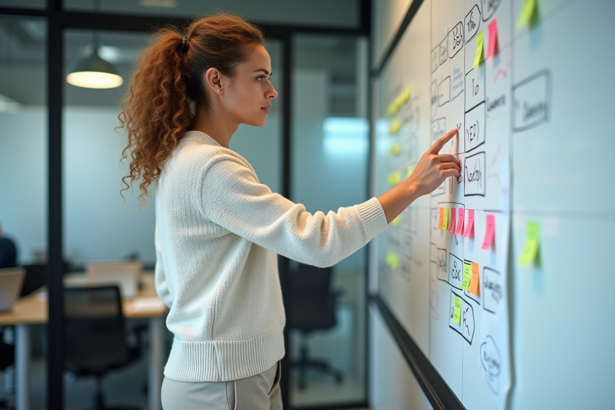 Femme expliquant une strategie SEO devant un tableau blanc rempli de notes
