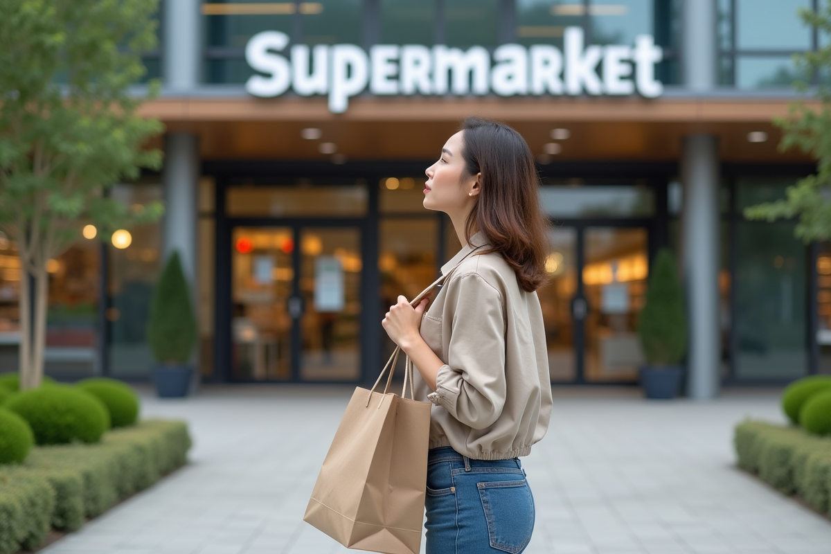 Femme regardant la nouvelle enseigne du supermarche