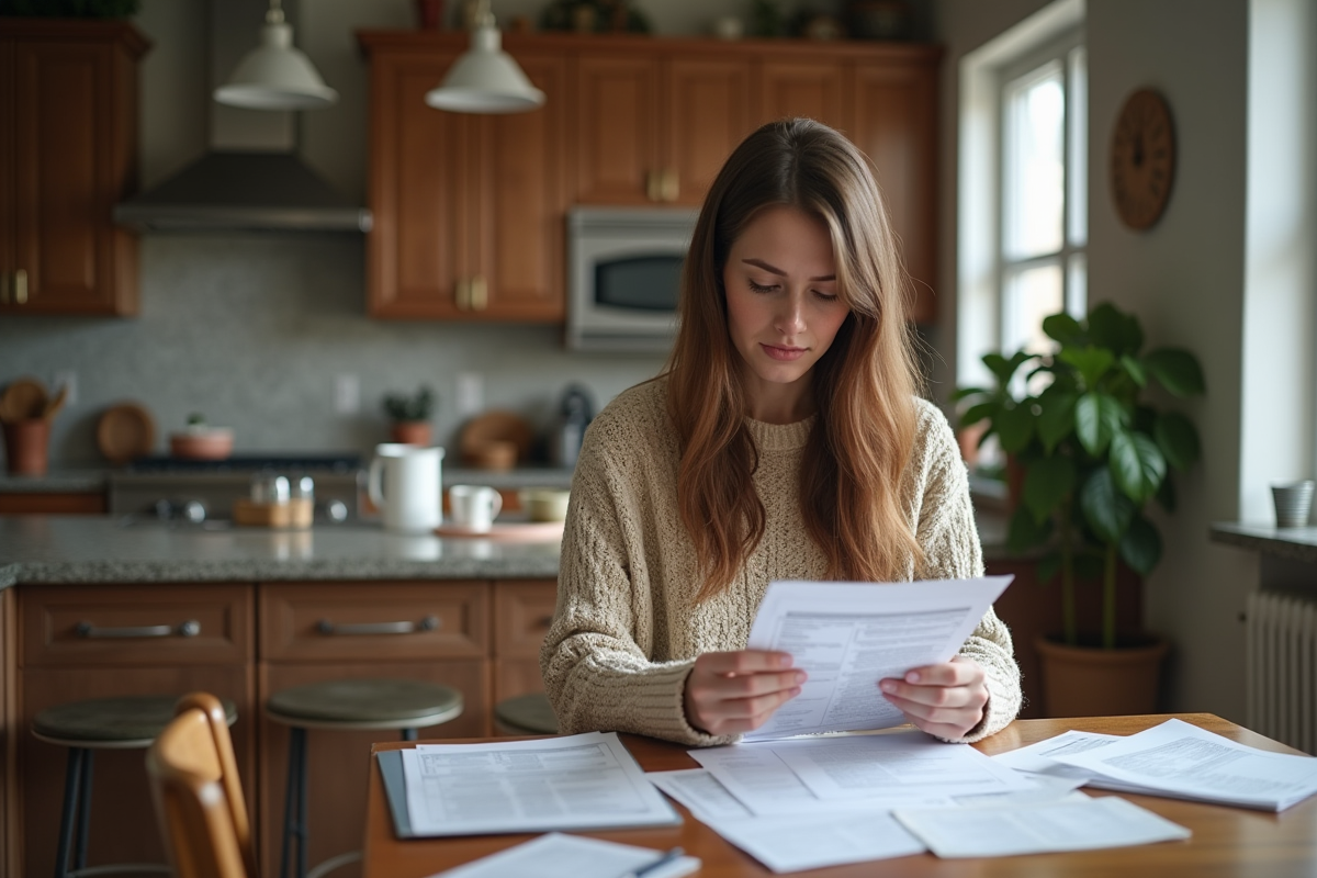 Jeune femme triant des documents fiscaux à la maison