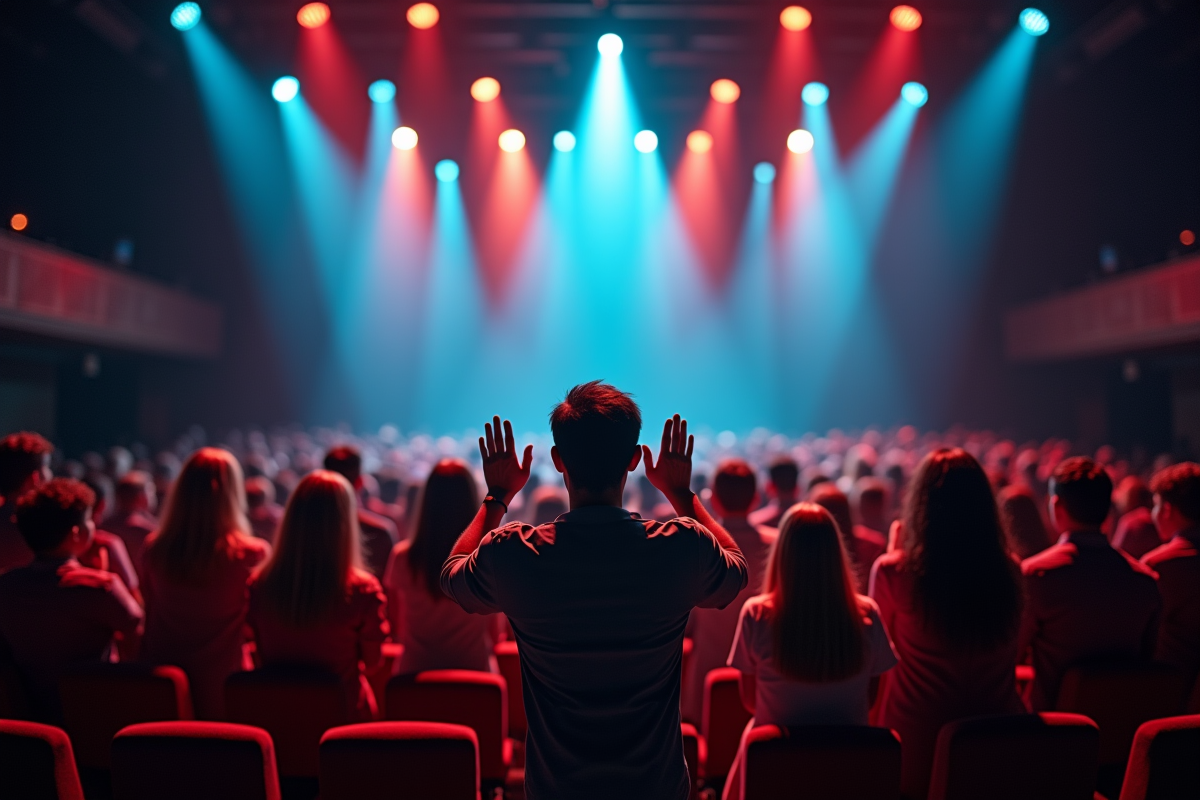 Groupe de clients heureux recevant des applaudissements dans un théâtre coloré