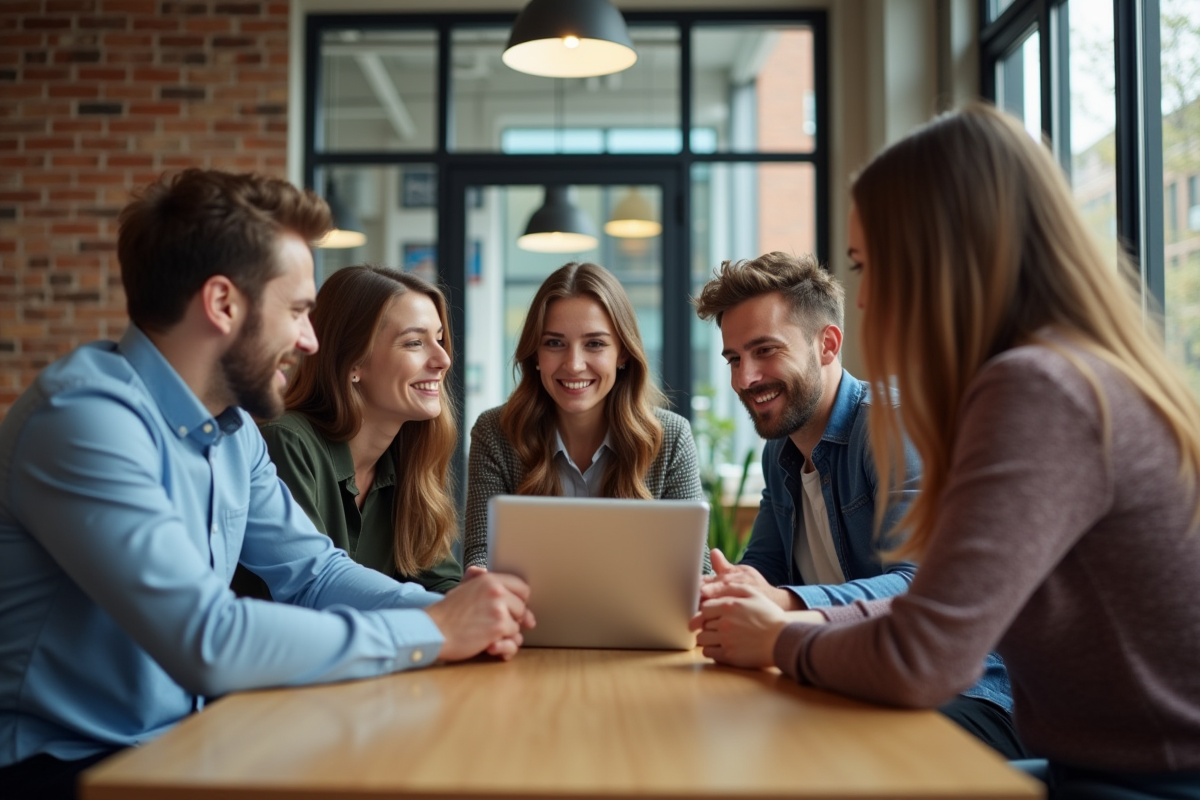 Jeunes professionnels dans un espace de coworking lumineux