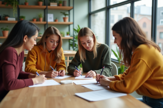Groupe de personnes discutant de produits écologiques en intérieur