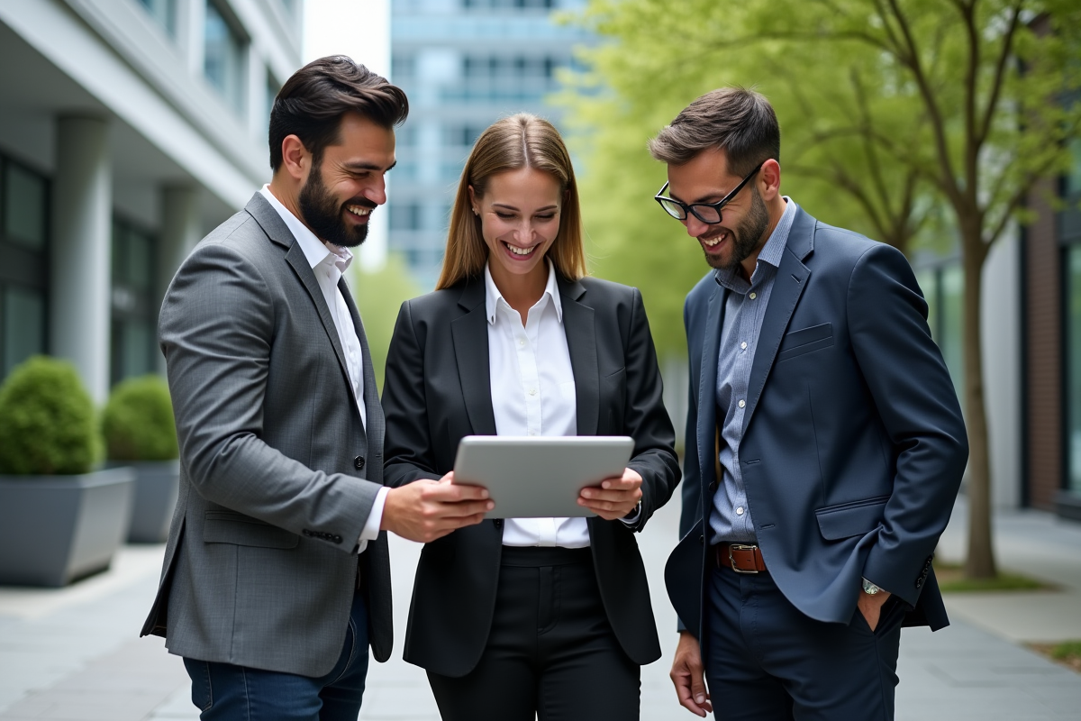 Groupe d entrepreneurs discutant en extérieur urbain