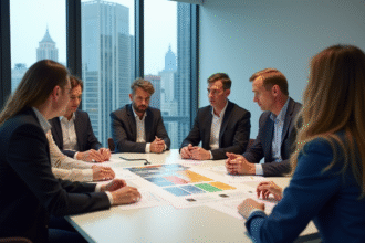 Groupe de professionnels discutant autour d'une table moderne