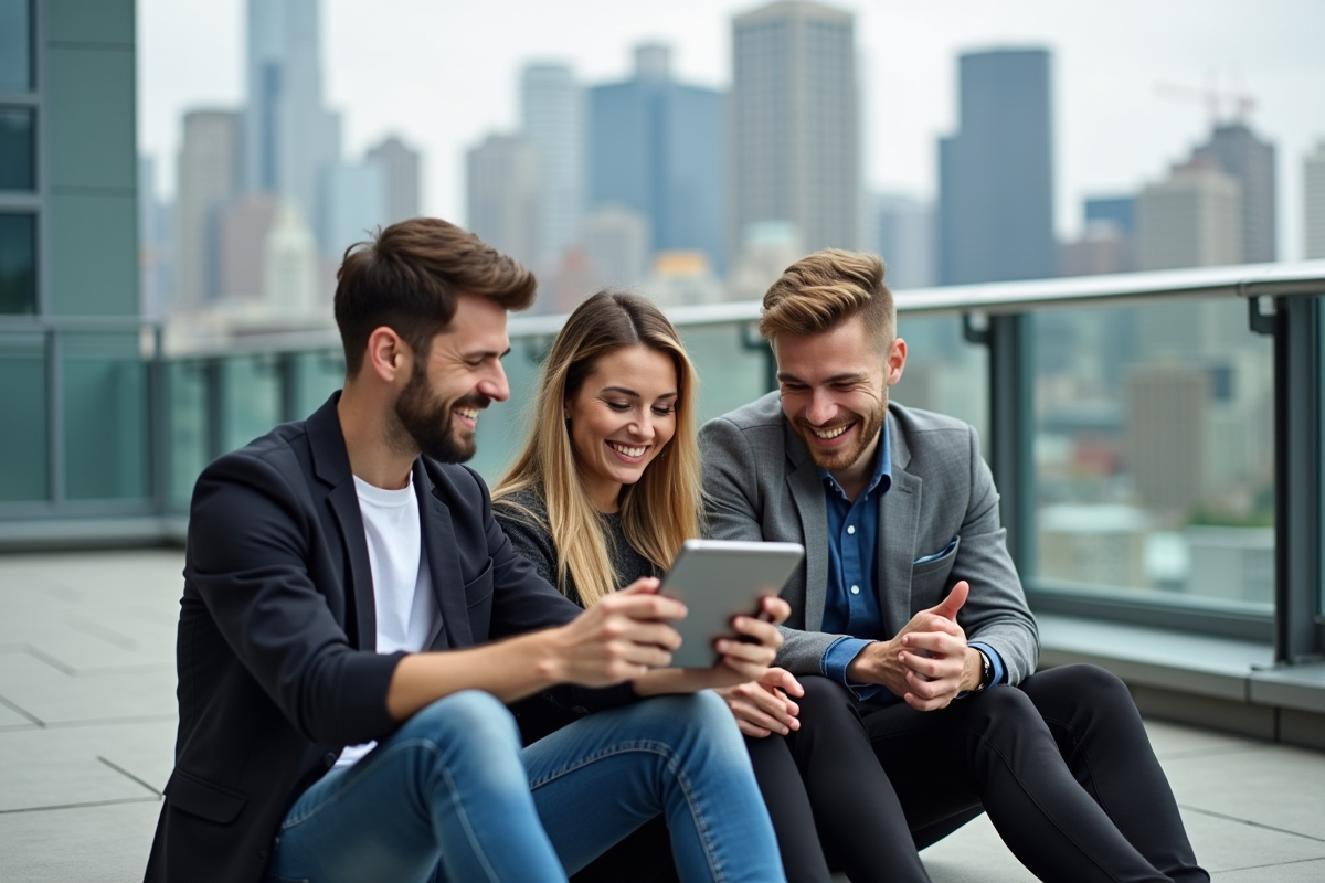 Groupe de jeunes professionnels discutant sur une terrasse urbaine